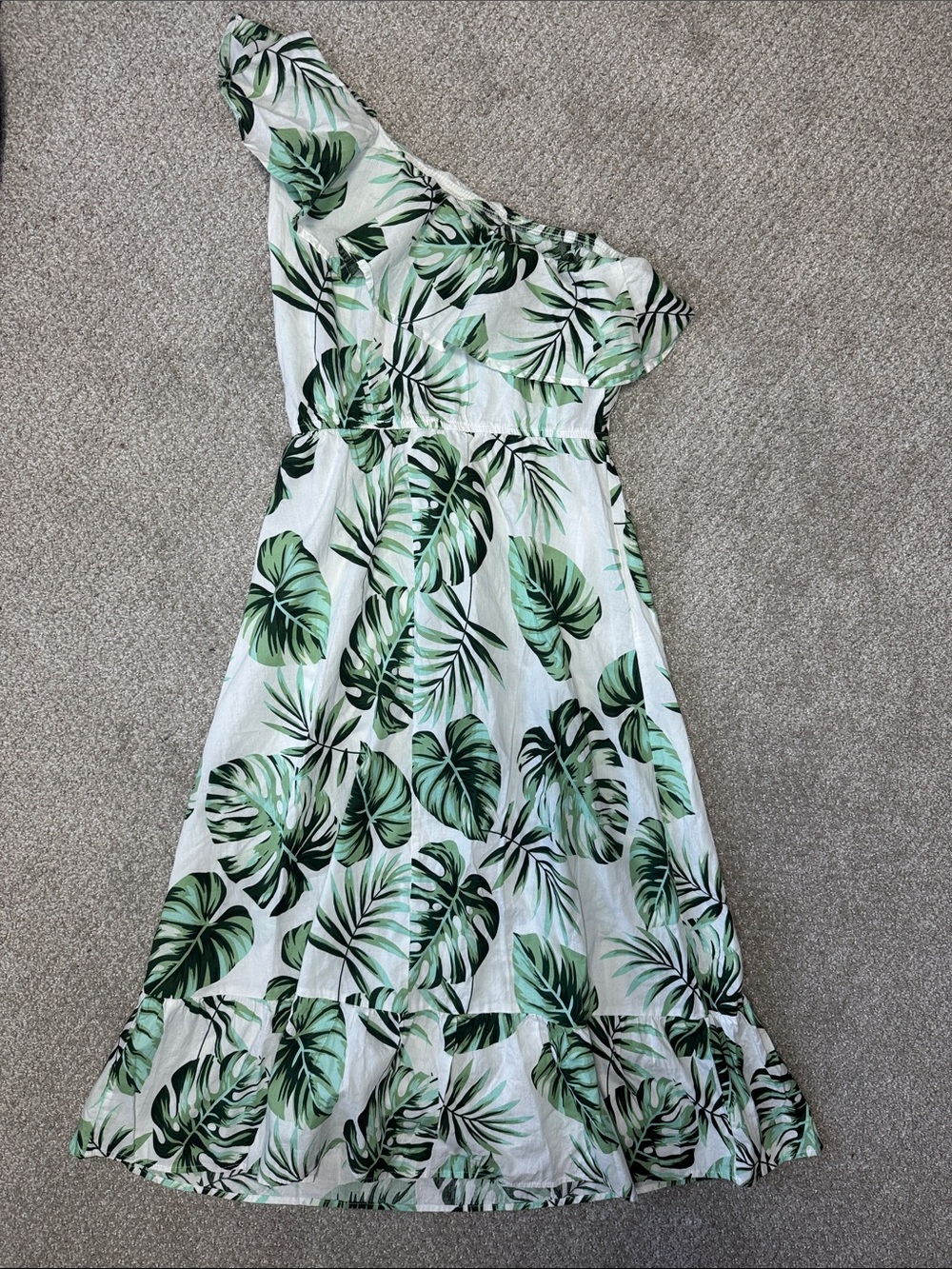 Cupshe Women’s Green Tropical Leaf Print One-Shoulder Dress Sz L